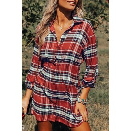 Red Plaid Print Buttoned Long Sleeve Shirt Dress