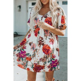 Beige Loose Short Sleeve Floral Dress